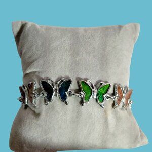 Butterfly Bracelet Multicolor Inlays Silver Tone 7 Inch